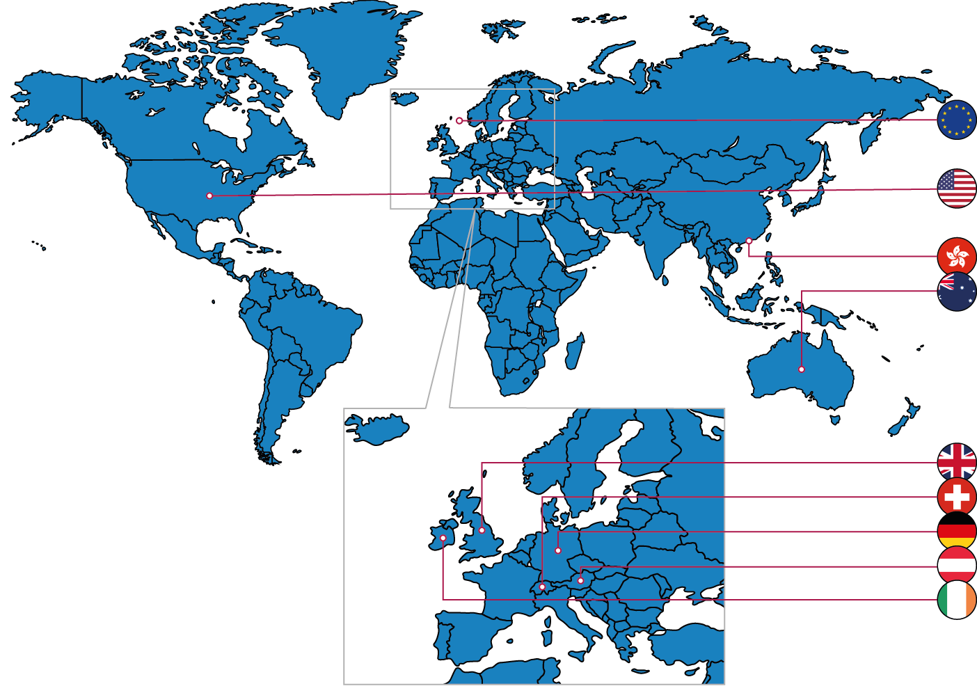 A map of the world, showing the countries in which research funders that endorse ARRIVE can be found